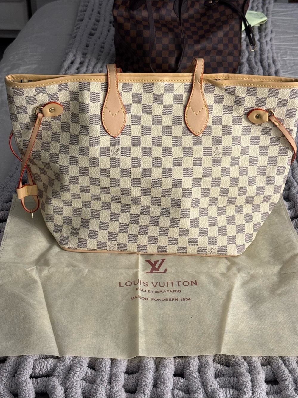 Designer Inspired Tote in Cream Checkerboard with Tan Trim
